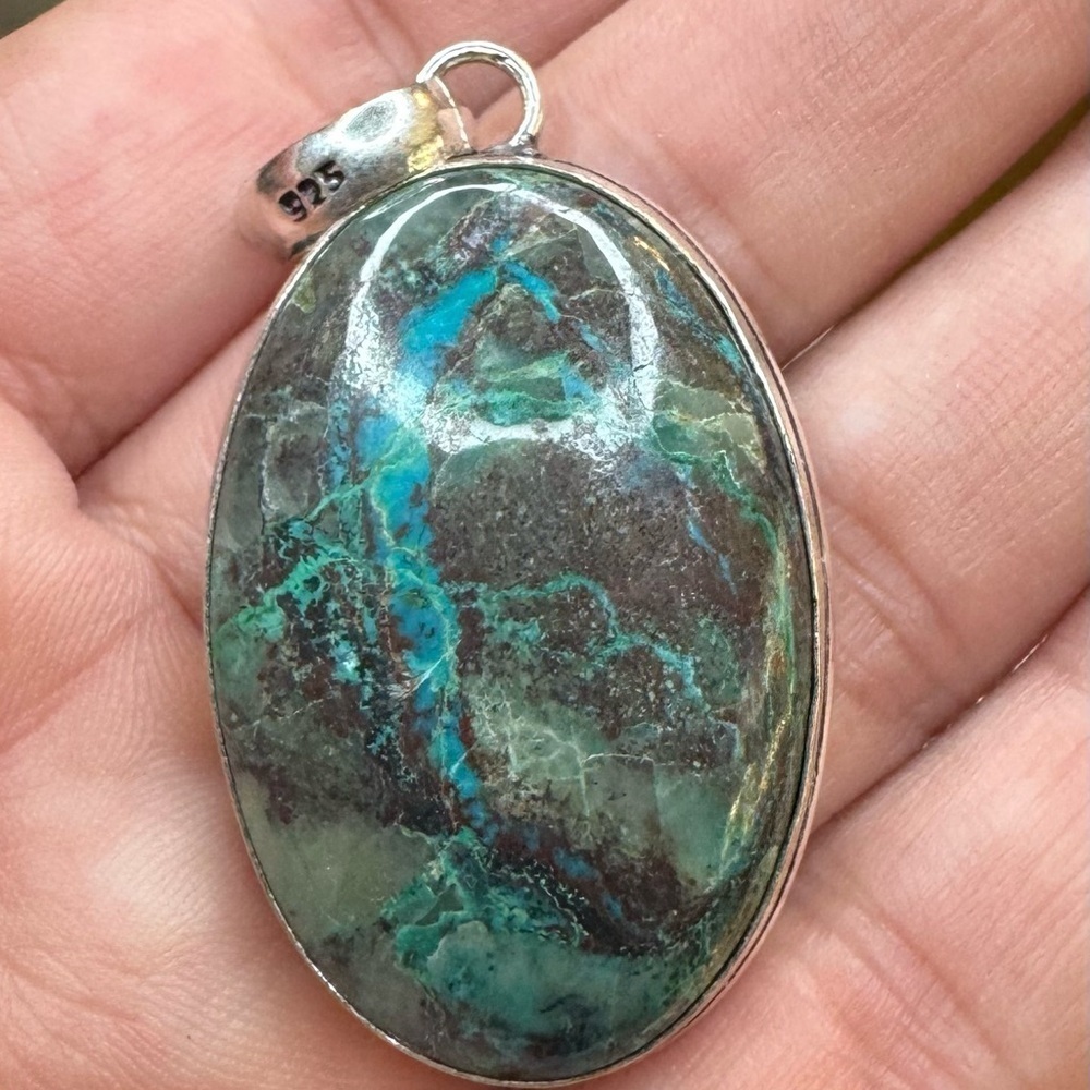 Chrysocolla 925 Silver Plated Gemstone Pendant 2"
